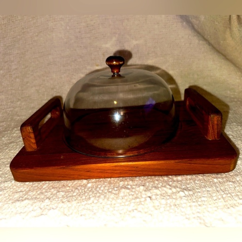 RARE Vintage 1960’s Goodwood Teak Cheese Tray Dome Cloche 10"Wx7.5"Dx6"H